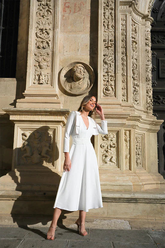 KEILA - VESTIDO MIDI BLANCO ESTRUCTURADO