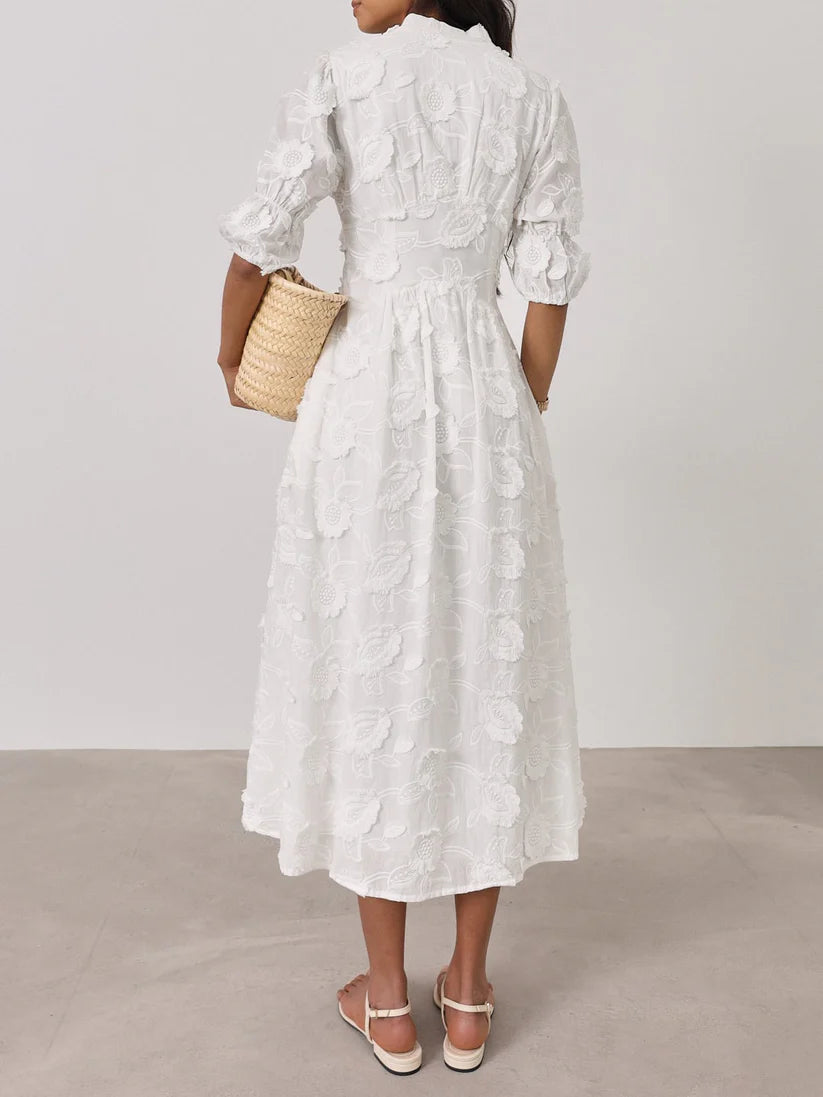 ARIANA - VESTIDO MIDI BORDADO CON MANGA ABULLONADA