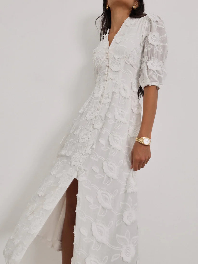 ARIANA - VESTIDO MIDI BORDADO CON MANGA ABULLONADA
