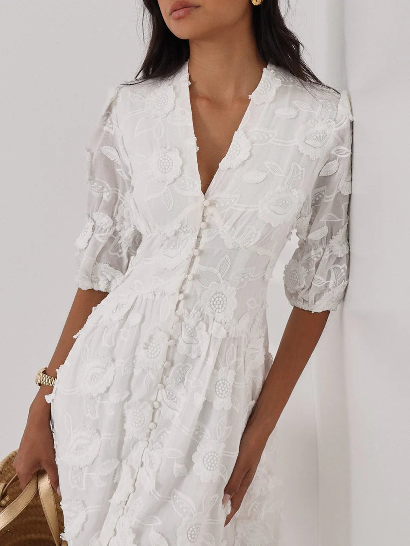 ARIANA - VESTIDO MIDI BORDADO CON MANGA ABULLONADA