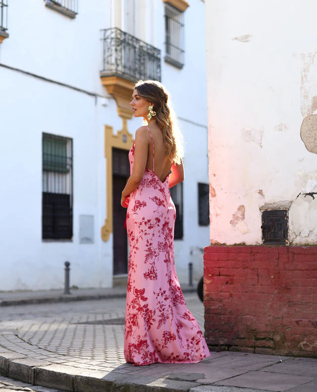 TAMIA - VESTIDO LARGO SATINADO CON ESPALDA ABIERTA