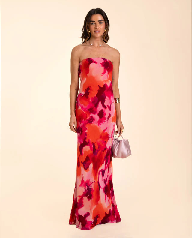 LETI - VESTIDO PALABRA DE HONOR ESTAMPADO EN TONOS CORAL