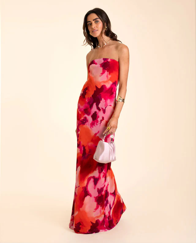 LETI - VESTIDO PALABRA DE HONOR ESTAMPADO EN TONOS CORAL