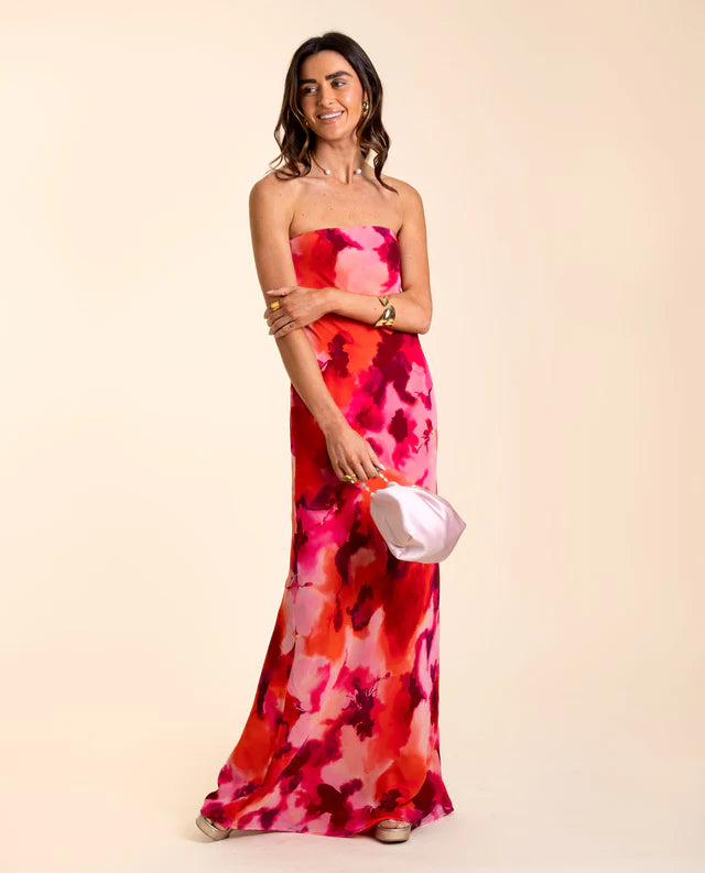 LETI - VESTIDO PALABRA DE HONOR ESTAMPADO EN TONOS CORAL