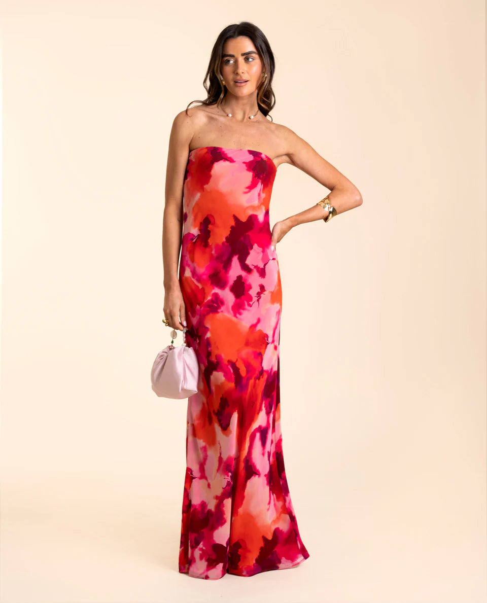 LETI - VESTIDO PALABRA DE HONOR ESTAMPADO EN TONOS CORAL