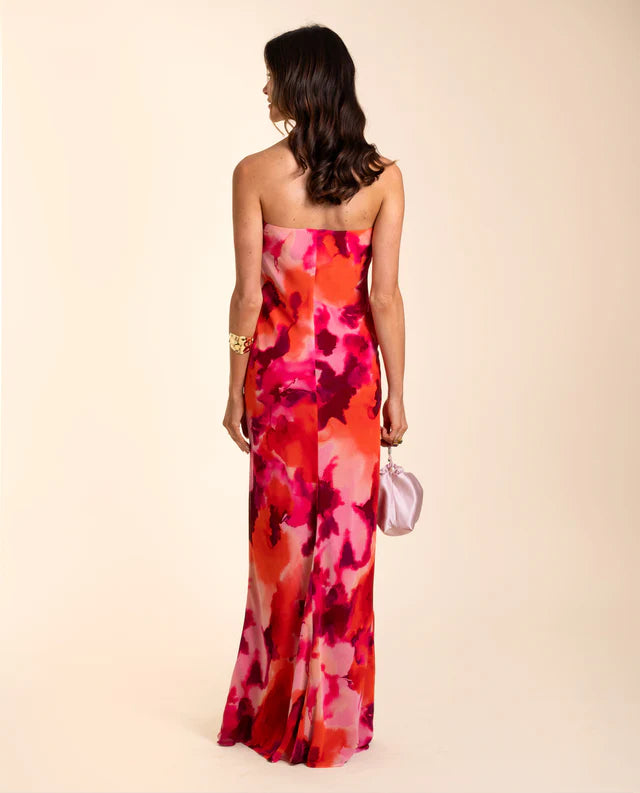 LETI - VESTIDO PALABRA DE HONOR ESTAMPADO EN TONOS CORAL