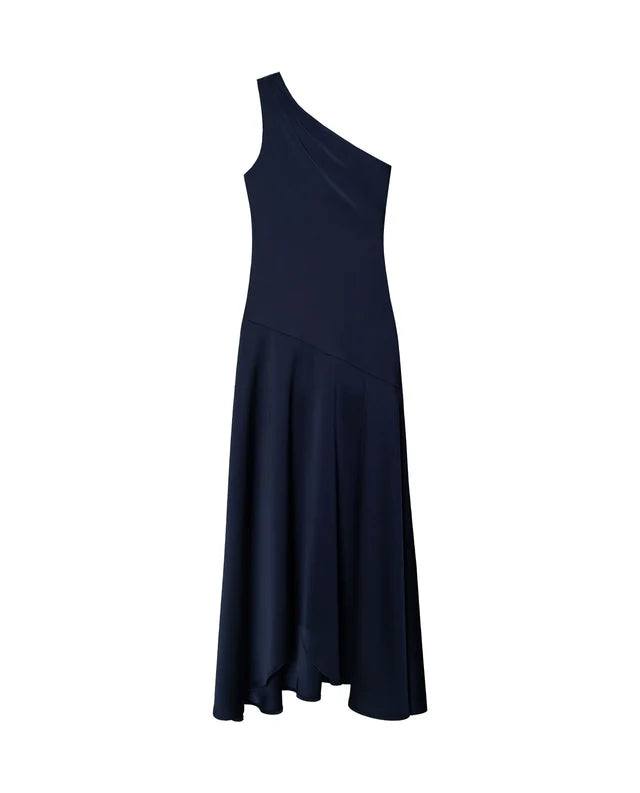MARCELIN - VESTIDO MIDI ASIMÉTRICO EN SATÉN AZUL