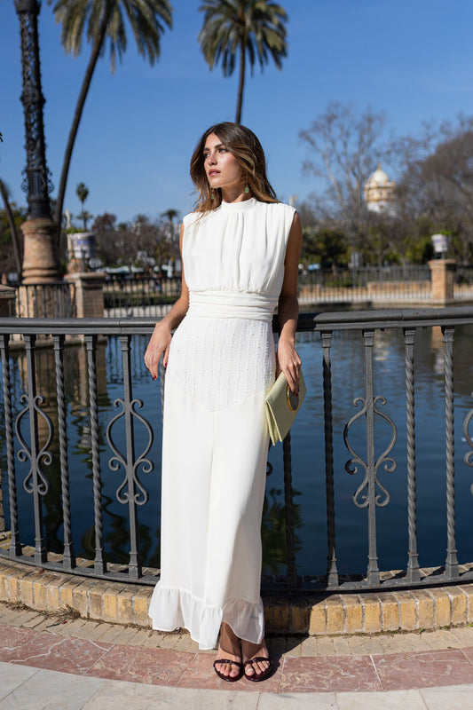 LUCÍA - VESTIDO LARGO DE CREPÉ Y TEJIDO TEXTURIZADO