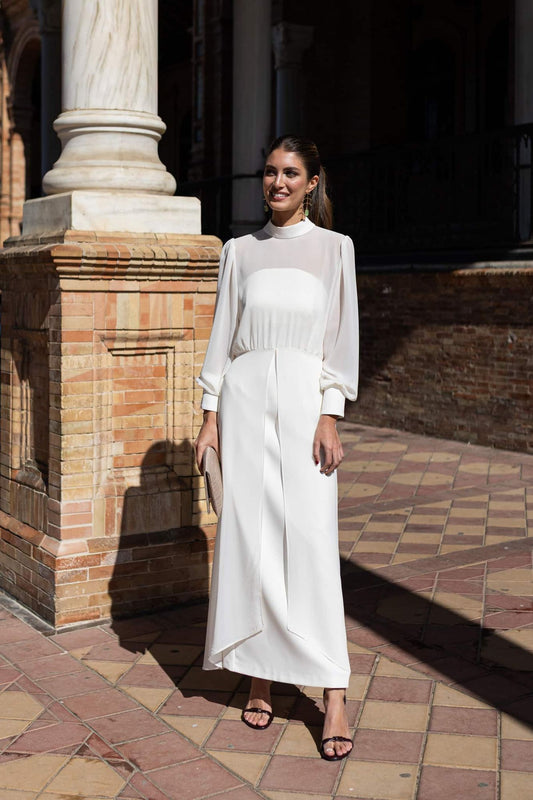 RAQUEL - VESTIDO DE CREPÉ CON SOBREVESTIDO DE GASA