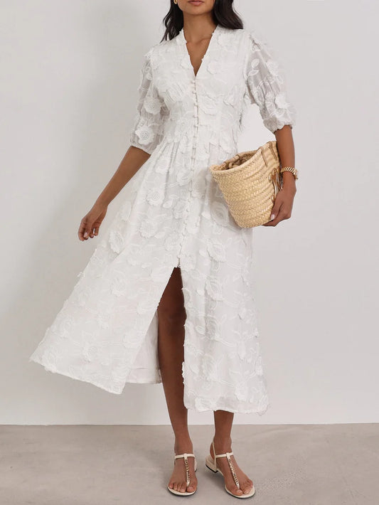 ARIANA - VESTIDO MIDI BORDADO CON MANGA ABULLONADA