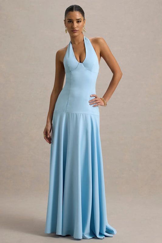 ELEANOR - VESTIDO LARGO HALTER CON LAZO Y FALDA PLISADA