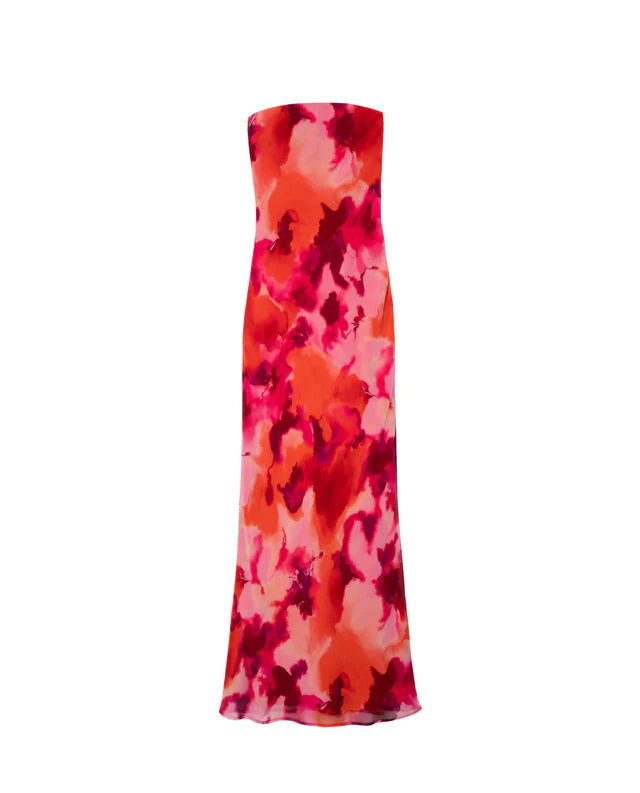 LETI - VESTIDO PALABRA DE HONOR ESTAMPADO EN TONOS CORAL