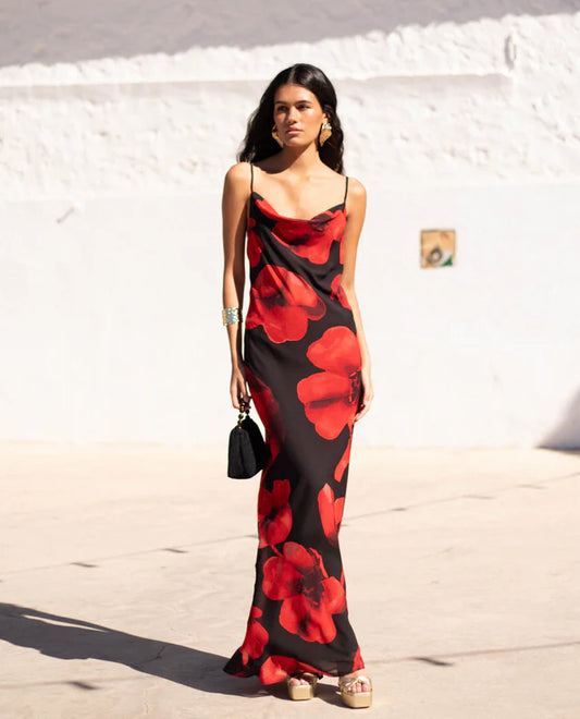 RUBÍ - VESTIDO LARGO ESTAMPADO CON VOLANTE