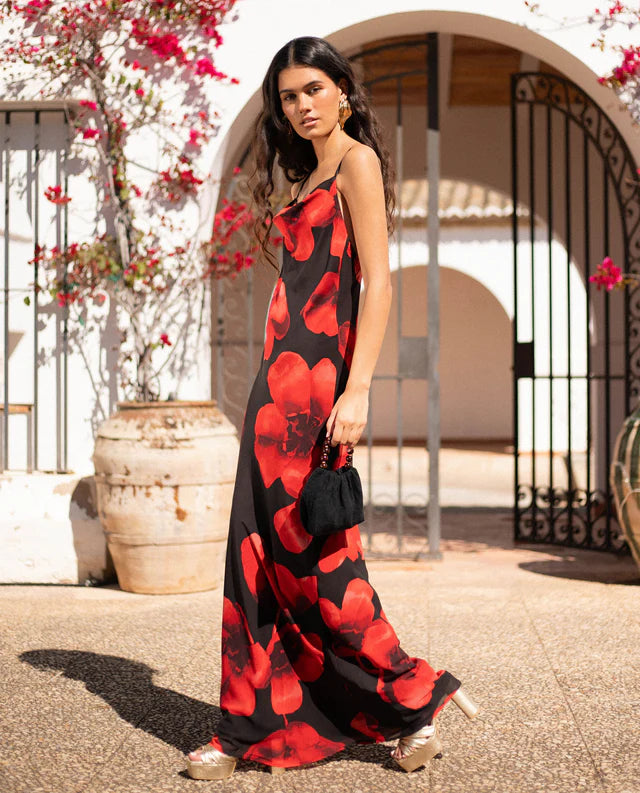 RUBÍ - VESTIDO LARGO ESTAMPADO CON VOLANTE