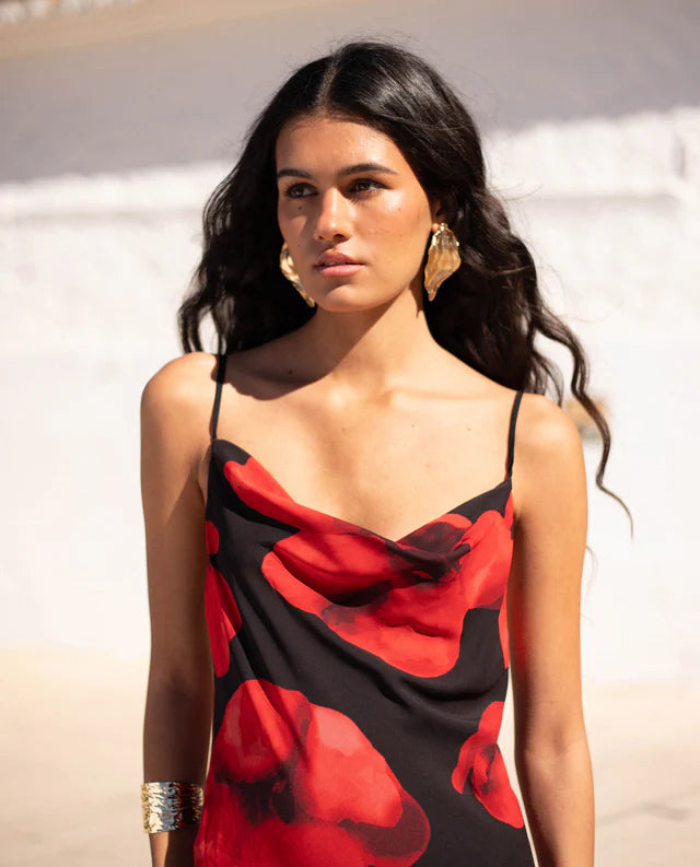 RUBÍ - VESTIDO LARGO ESTAMPADO CON VOLANTE