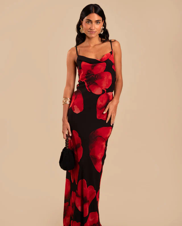 RUBÍ - VESTIDO LARGO ESTAMPADO CON VOLANTE