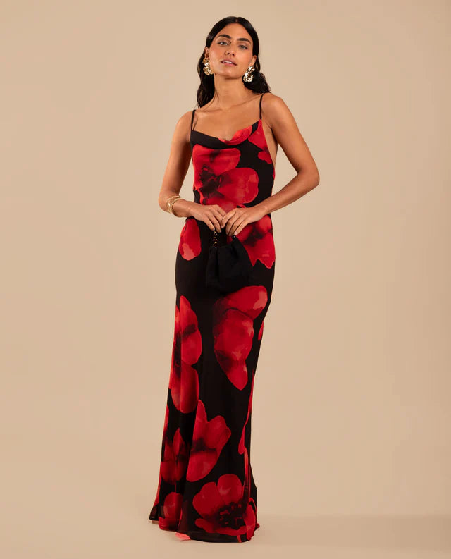 RUBÍ - VESTIDO LARGO ESTAMPADO CON VOLANTE