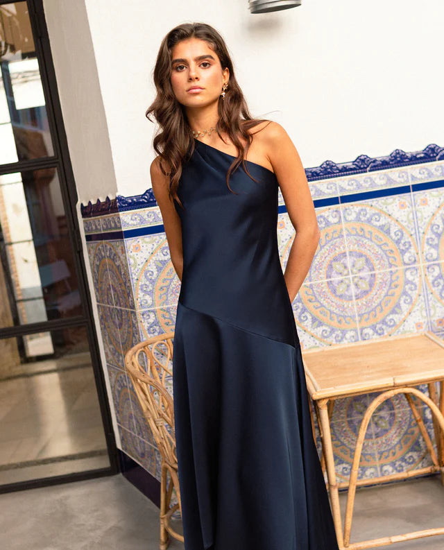 MARCELIN - VESTIDO MIDI ASIMÉTRICO EN SATÉN AZUL