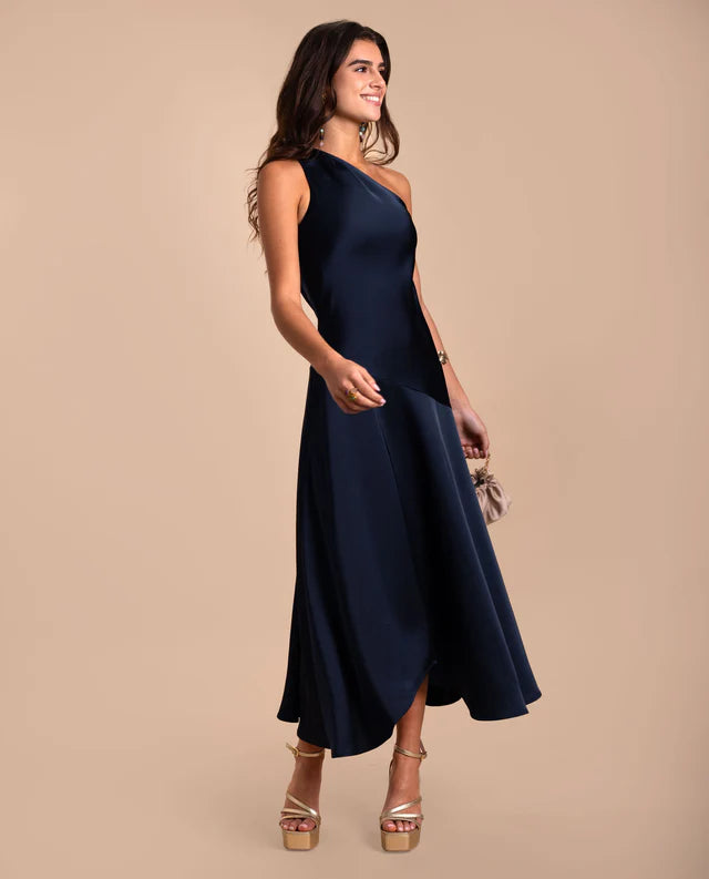 MARCELIN - VESTIDO MIDI ASIMÉTRICO EN SATÉN AZUL