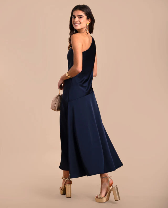 MARCELIN - VESTIDO MIDI ASIMÉTRICO EN SATÉN AZUL