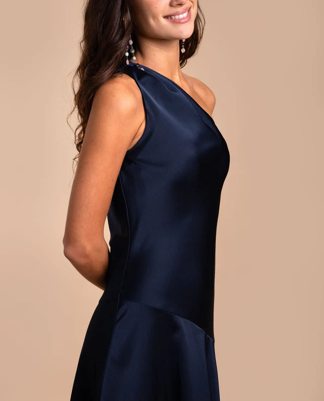 MARCELIN - VESTIDO MIDI ASIMÉTRICO EN SATÉN AZUL