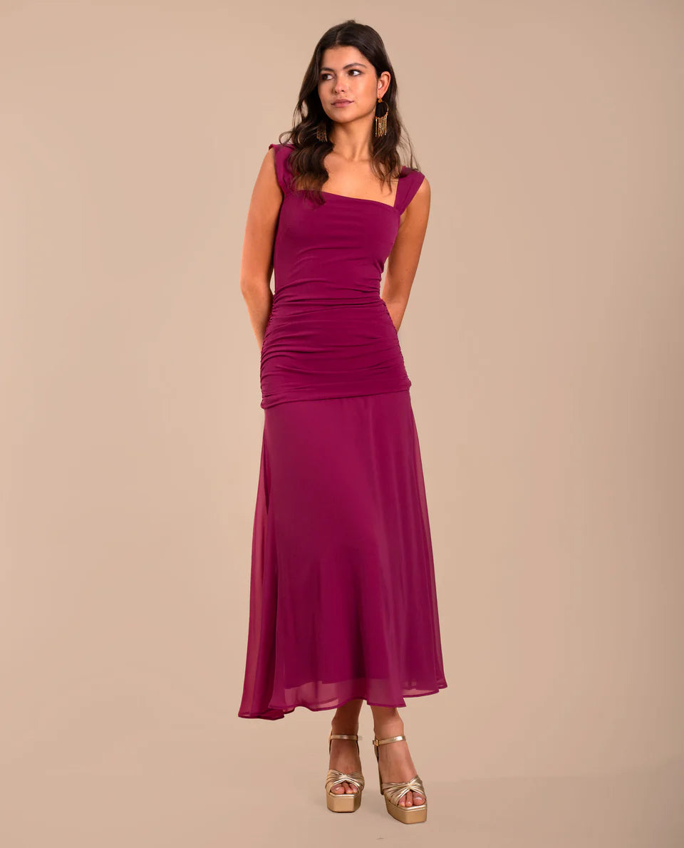 MARIÁNGELES - VESTIDO MIDI CON CUERPO FRUNCIDO