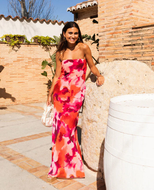 LETI - VESTIDO PALABRA DE HONOR ESTAMPADO EN TONOS CORAL