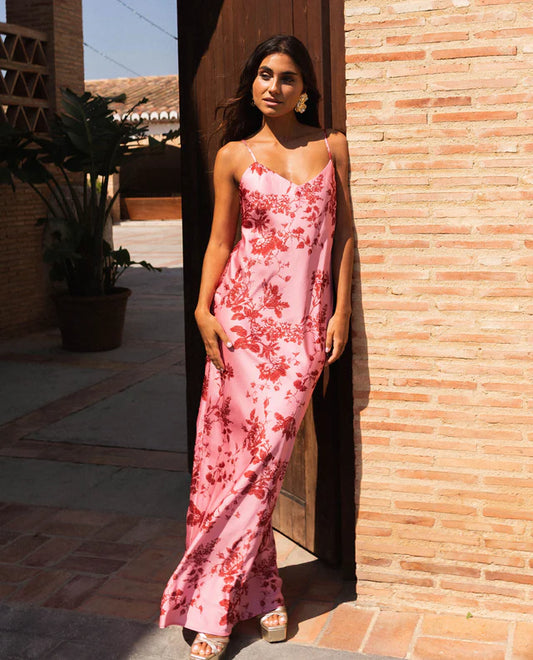 TAMIA - VESTIDO LARGO SATINADO CON ESPALDA ABIERTA